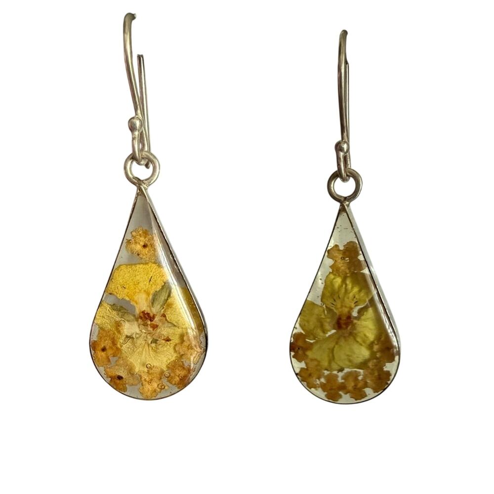 925 Sterling Silver Mexico Pressed Flower Dangle Earrings